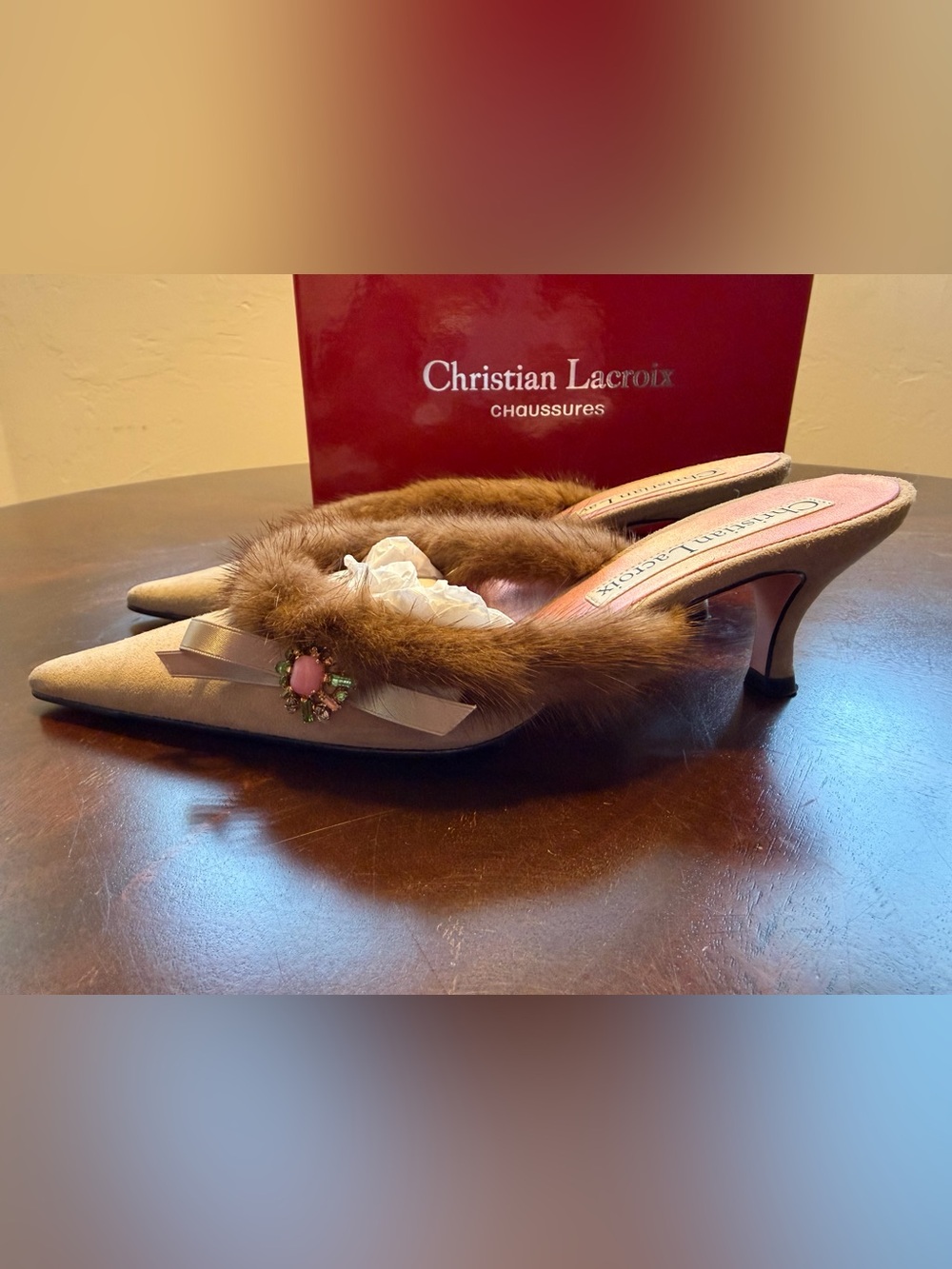 Vintage Christian Lacroix Beige Suede Fur-Trim Mules with Jewel Accents Sz 7